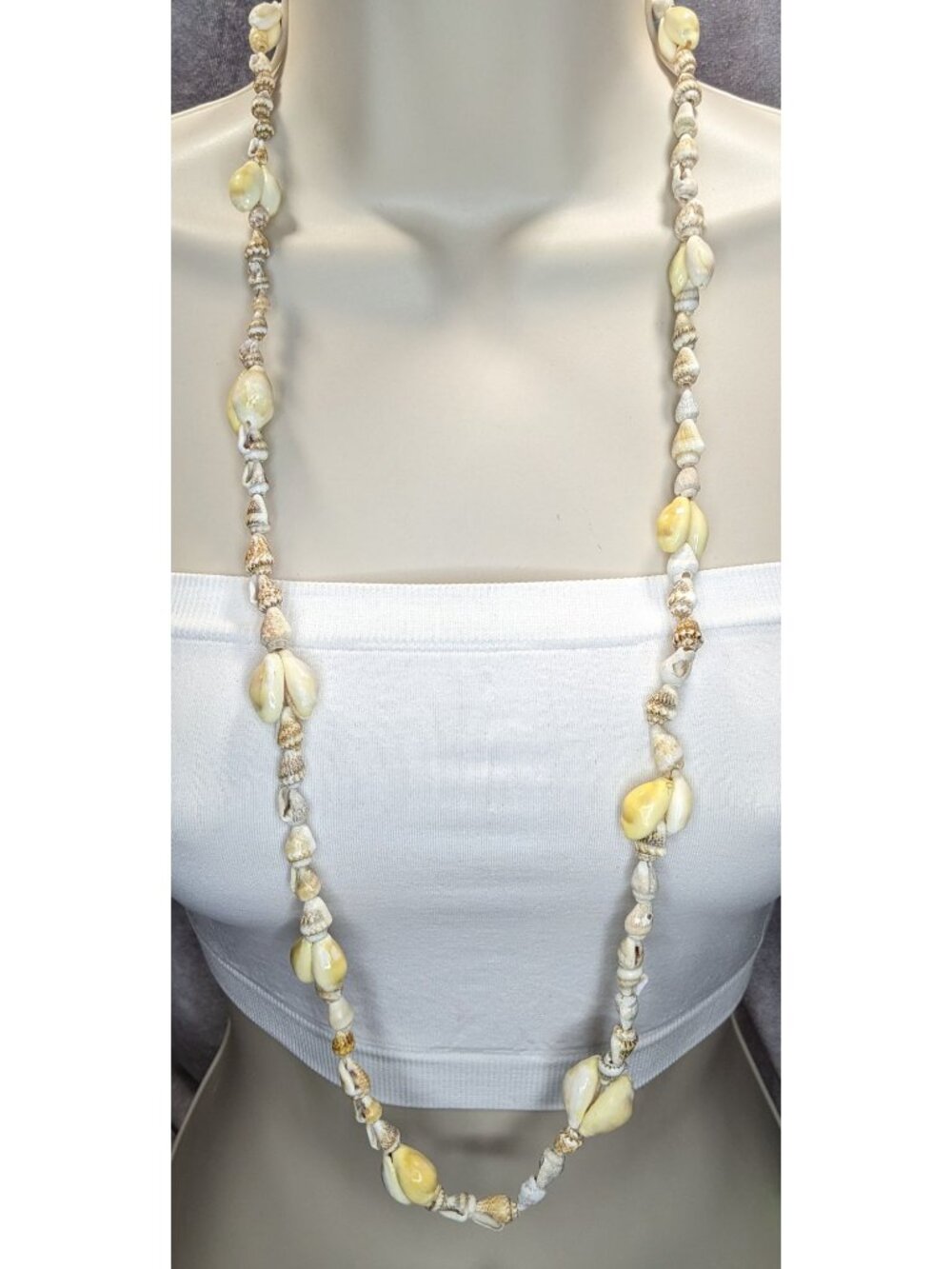 Shell Beaded Necklace 35" With Cream & Natural Tones Coastal Style Beach Jewelry